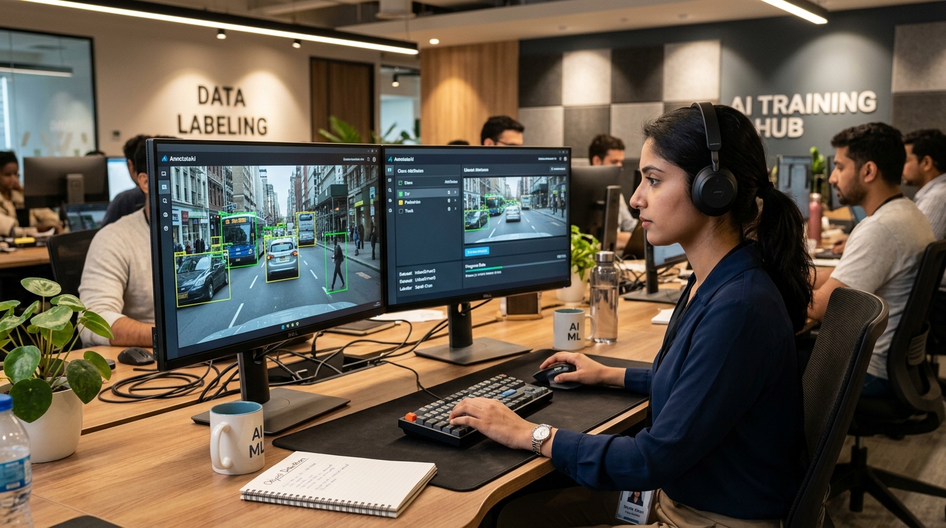 AI Data Annotation Specialist Working on Dual High Resolution Screens